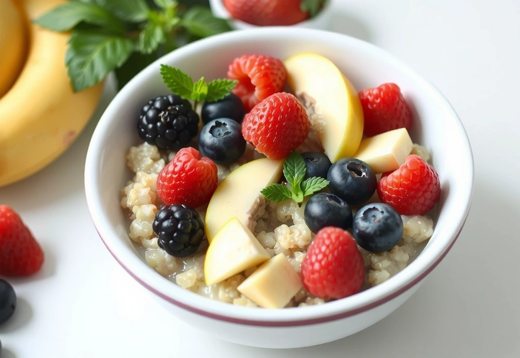 Mísa ovesné kaše s čerstvými bobulemi a ovocem
