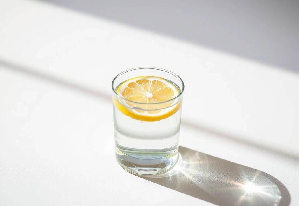 Sklenice čerstvé vody s plátkem citronu na stole