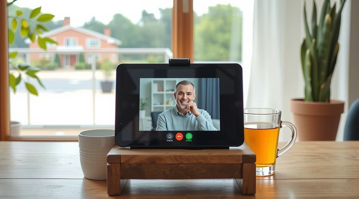 Tableta s videohovorem a šálkem čaje v klidném domácím prostředí.