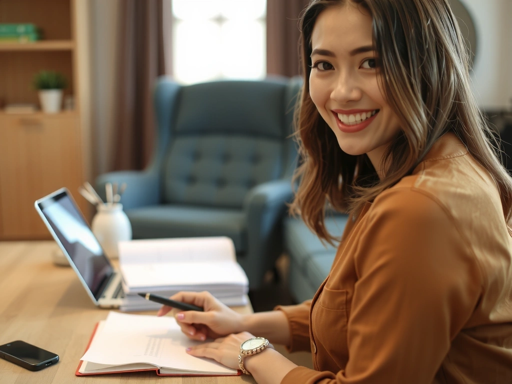 Šťastná žena si zapisuje poznámky během online videohovoru.