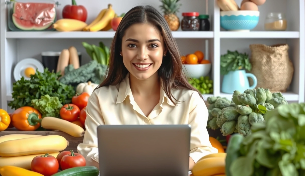 Žena s úsměvem vede online konzultaci na notebooku, v pozadí zelenina a ovoce symbolizující zdraví.